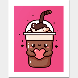 Cute Hot Chocolate Milkshake Holding a Heart in Kawaii Style | Kawaii Food Lovers Posters and Art